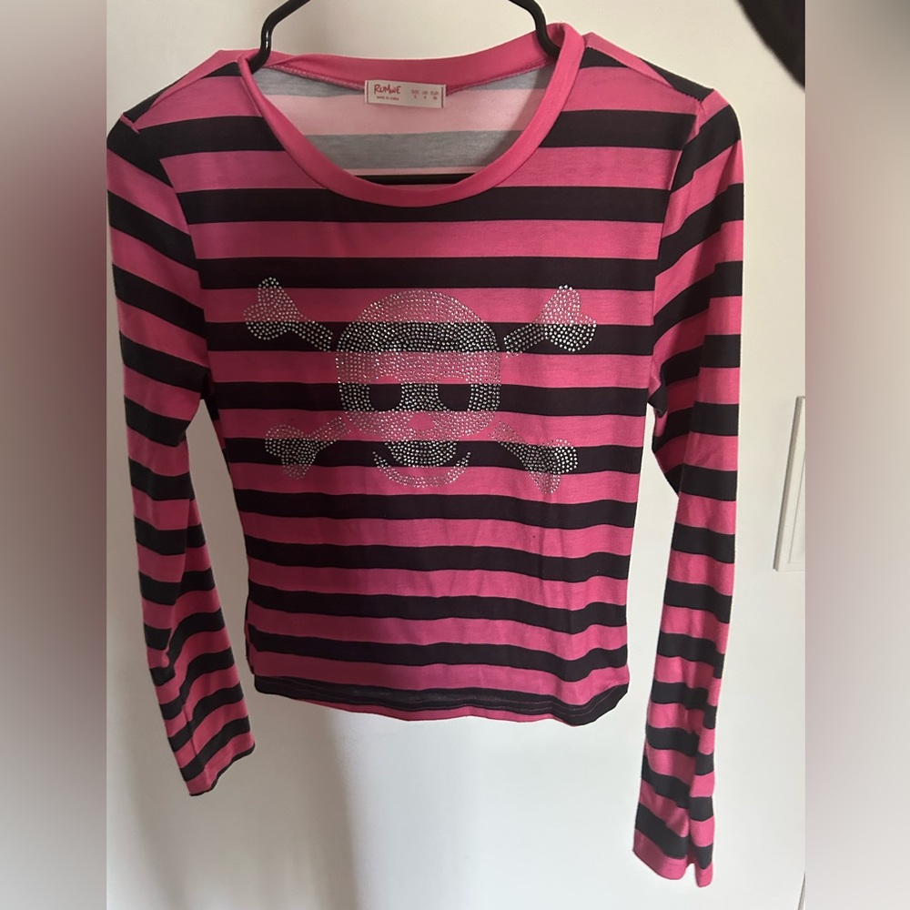 Pink/Black Striped Long Sleeve W/Skull Rhinestone